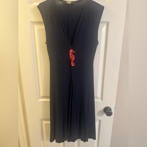Eva Franco Vintage Navy Blue Jersey Dress with Red Beaded Seahorse Beach Scene 8